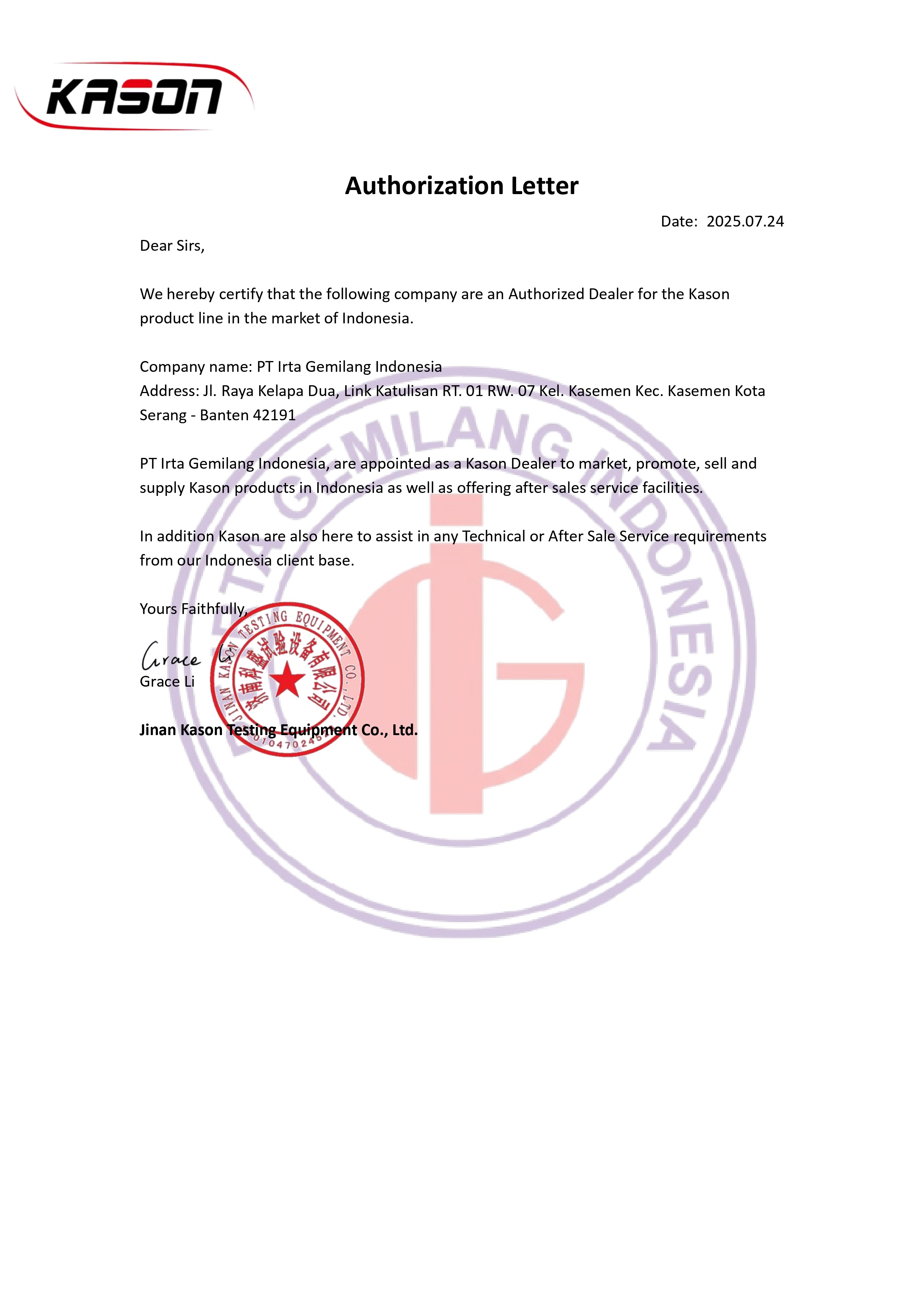 KASON Authorization Letter appointing PT Irta Gemilang Indonesia as official dealer for Indonesia, dated 2025.07.24, signed by Grace Li of Jinan Kason Testing Equipment Co., Ltd.